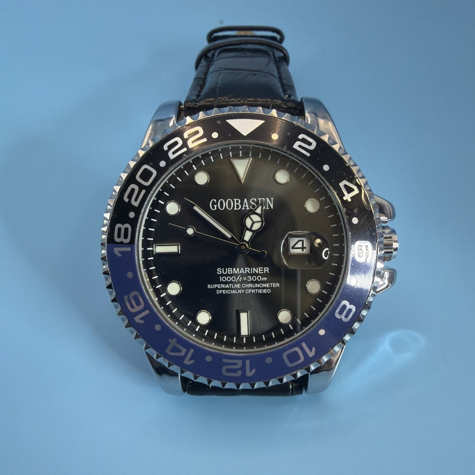 Goobasen Automatic Mens Watch Submariner 1000 Ft Day Rotating Bezel BlkBlue